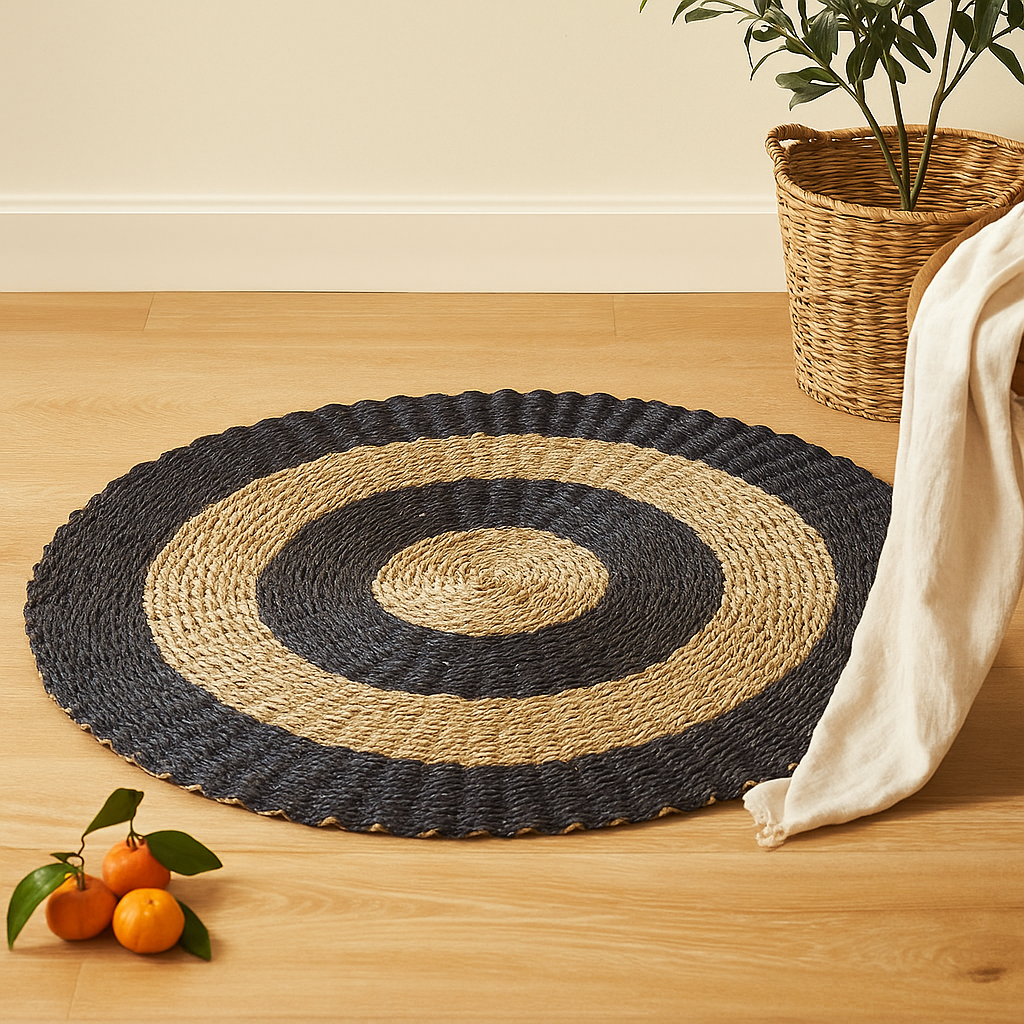 Tapete de erva-do-mar redondo preto e castanho com círculos 1m