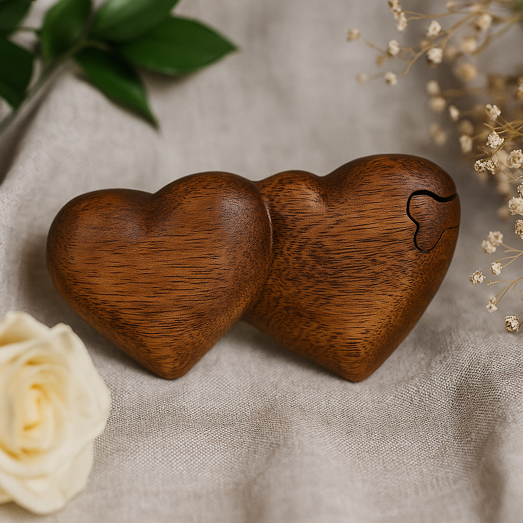 Cutie Secretă de Lemn cu Puzzle - Inimi Gemene