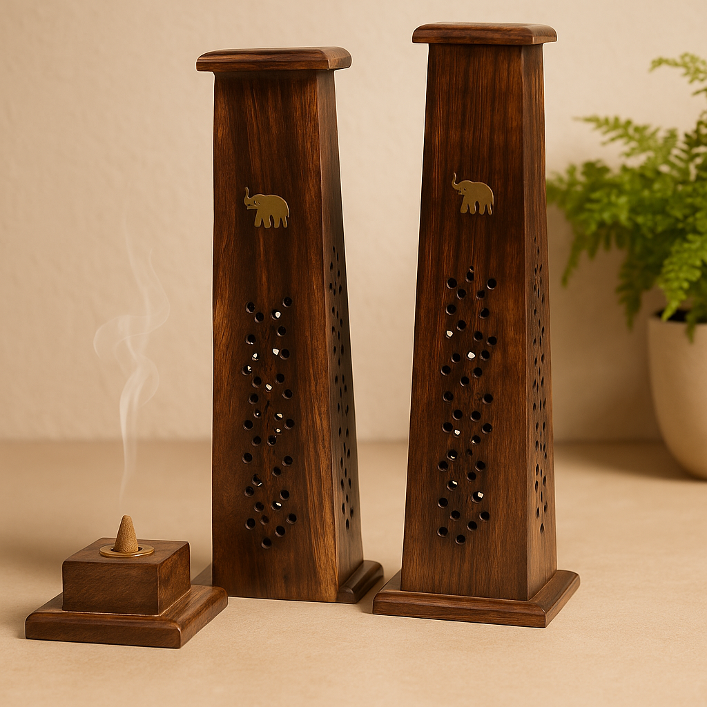 Conjunto de 2 Suportes para Torre de Incenso em Madeira de Manga