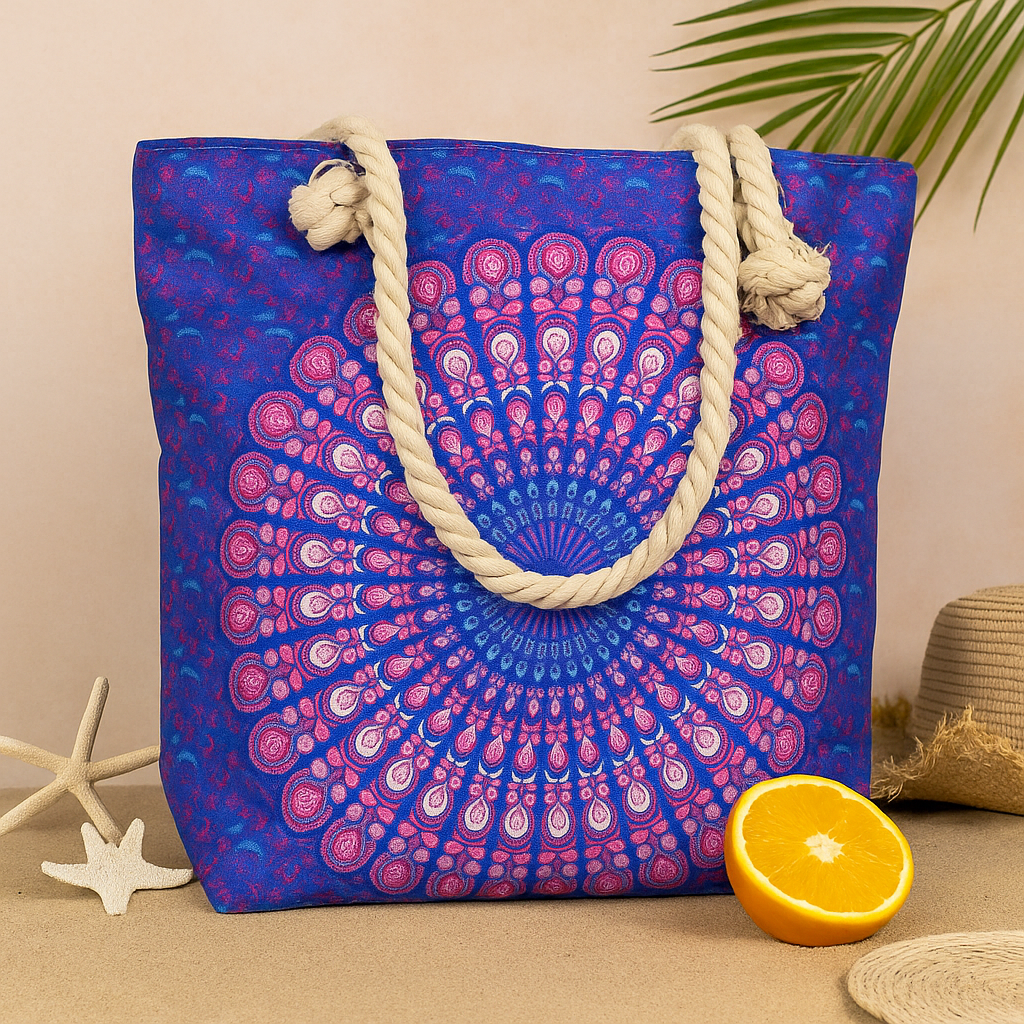 Geantă cu mâner din frânghie, Mandala albastru mov