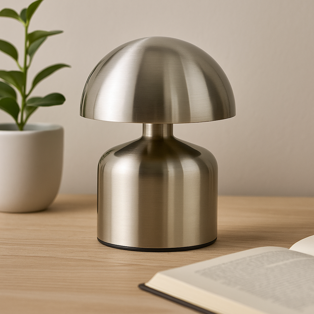 Satin Silver Mushroom Touch Table Lamp, USB‑C Rechargeable