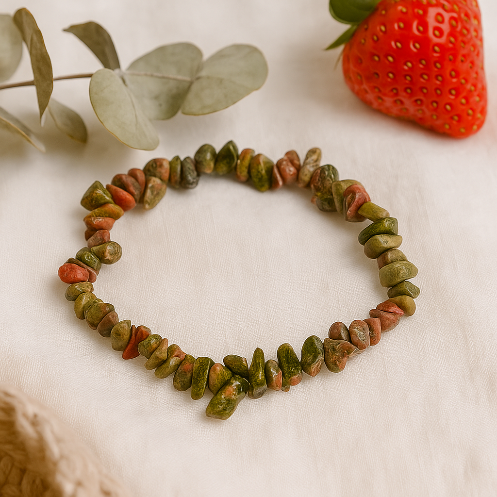 Гривна с еластична лента от зелен яспис, каменни чипове