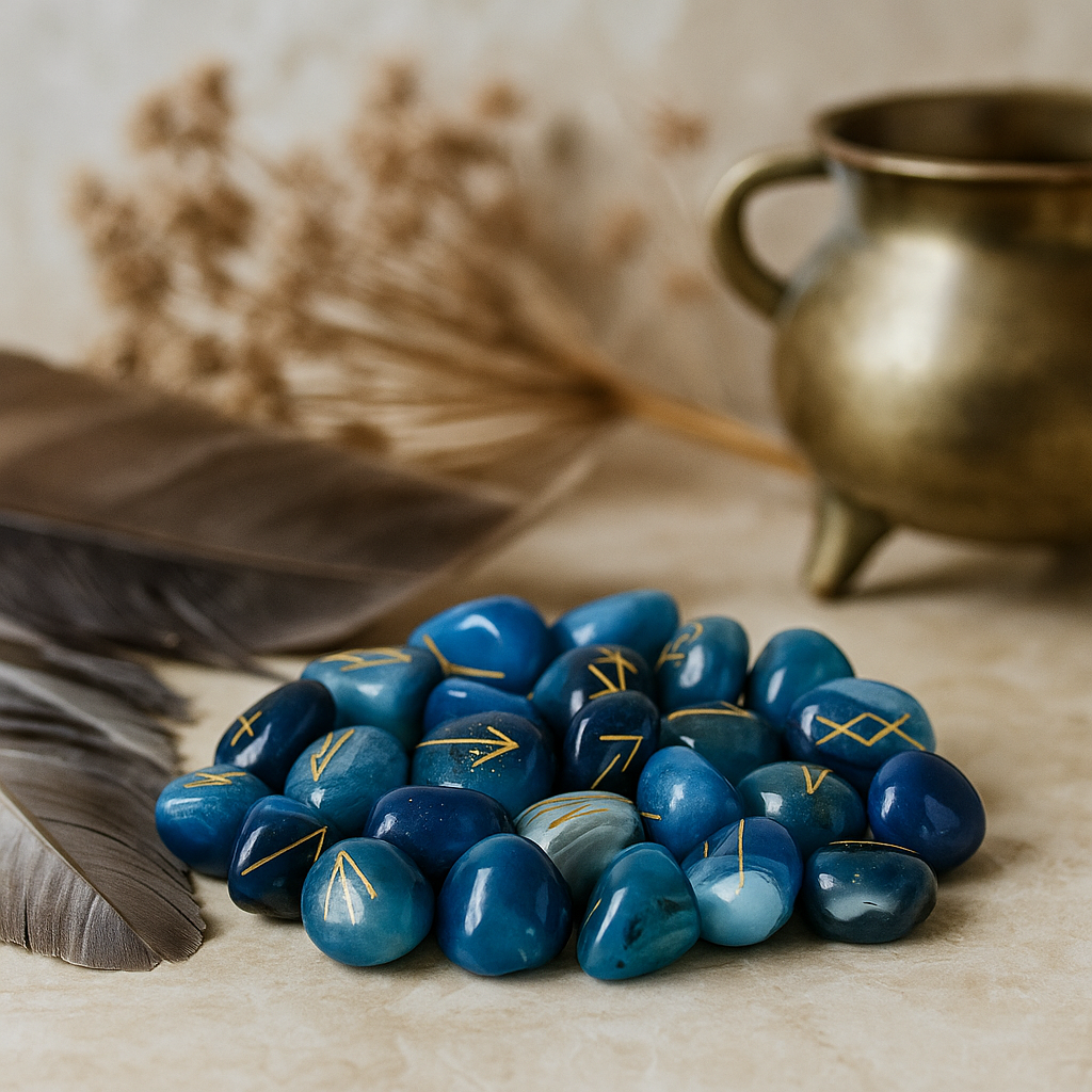 Sada modrých onyxových runových kamenů 25 kusů s pouzdrem