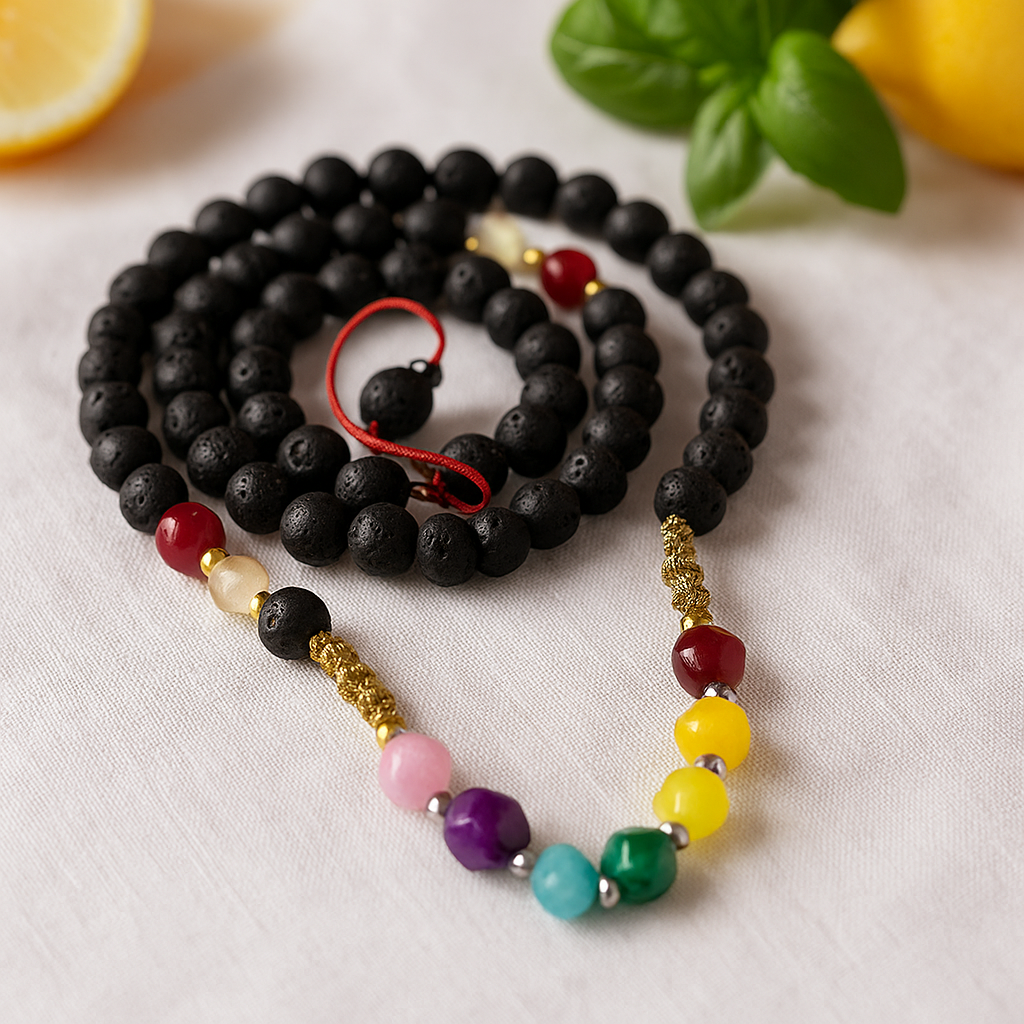 Lava Stone Chakra Gemstone Mala Necklace