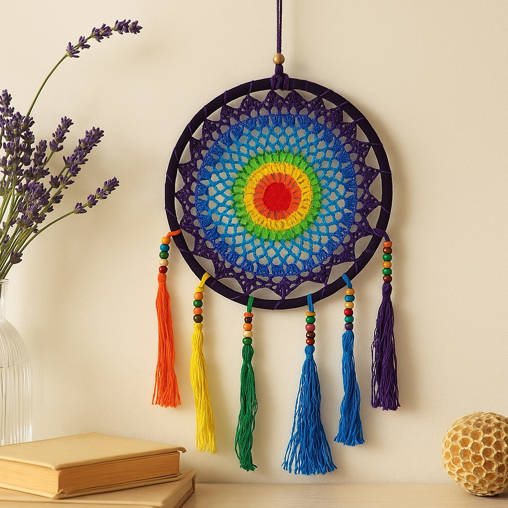 Pendurador de Parede Filtro dos Sonhos Arco-íris 22 x 56 cm