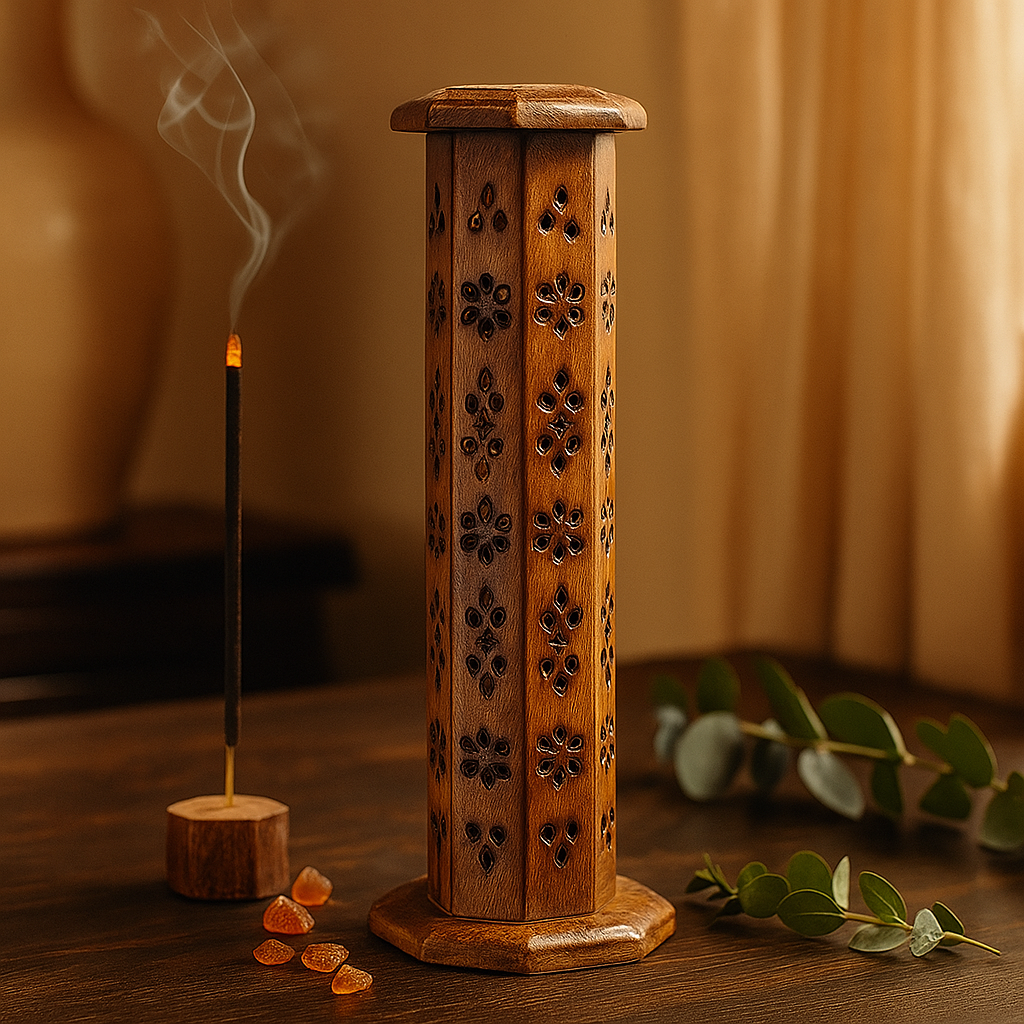 Incense Holder Mango Wood Hexagonal Tower