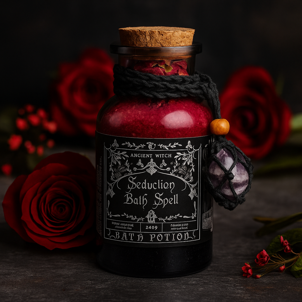 Ancient Witch Bath Spell Potion & Amethyst Crystal Amulet – Seduction
