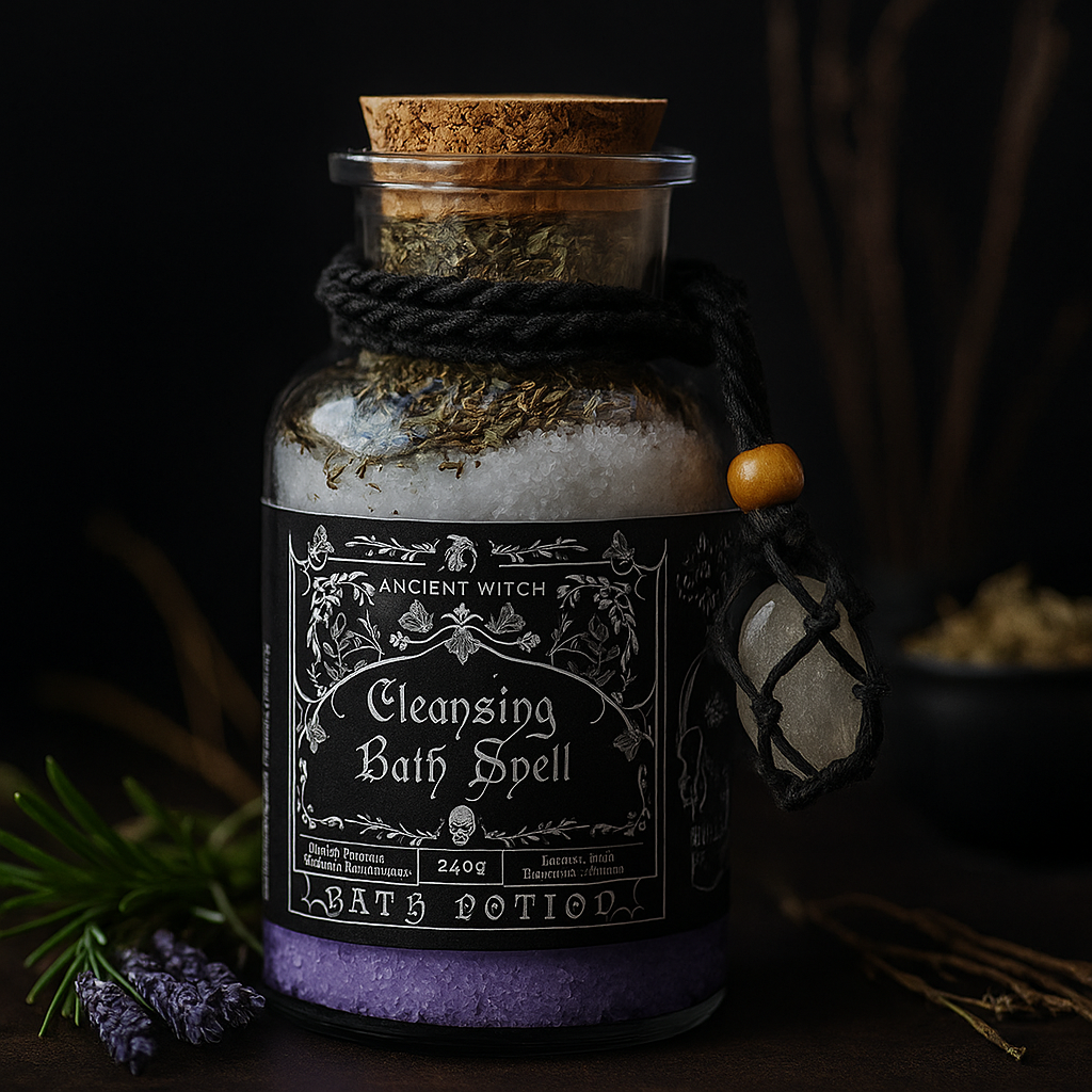 Ancient Witch Bath Spell Potion & Rock Crystal Amulet – Cleansing