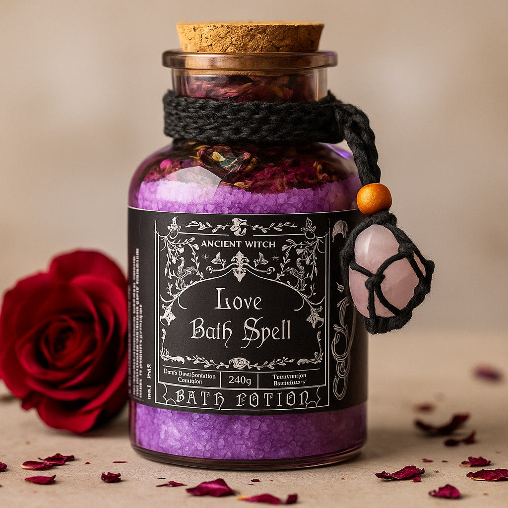 Ancient Witch Bath Spell Potion & Rose Quartz Crystal Amulet – Love