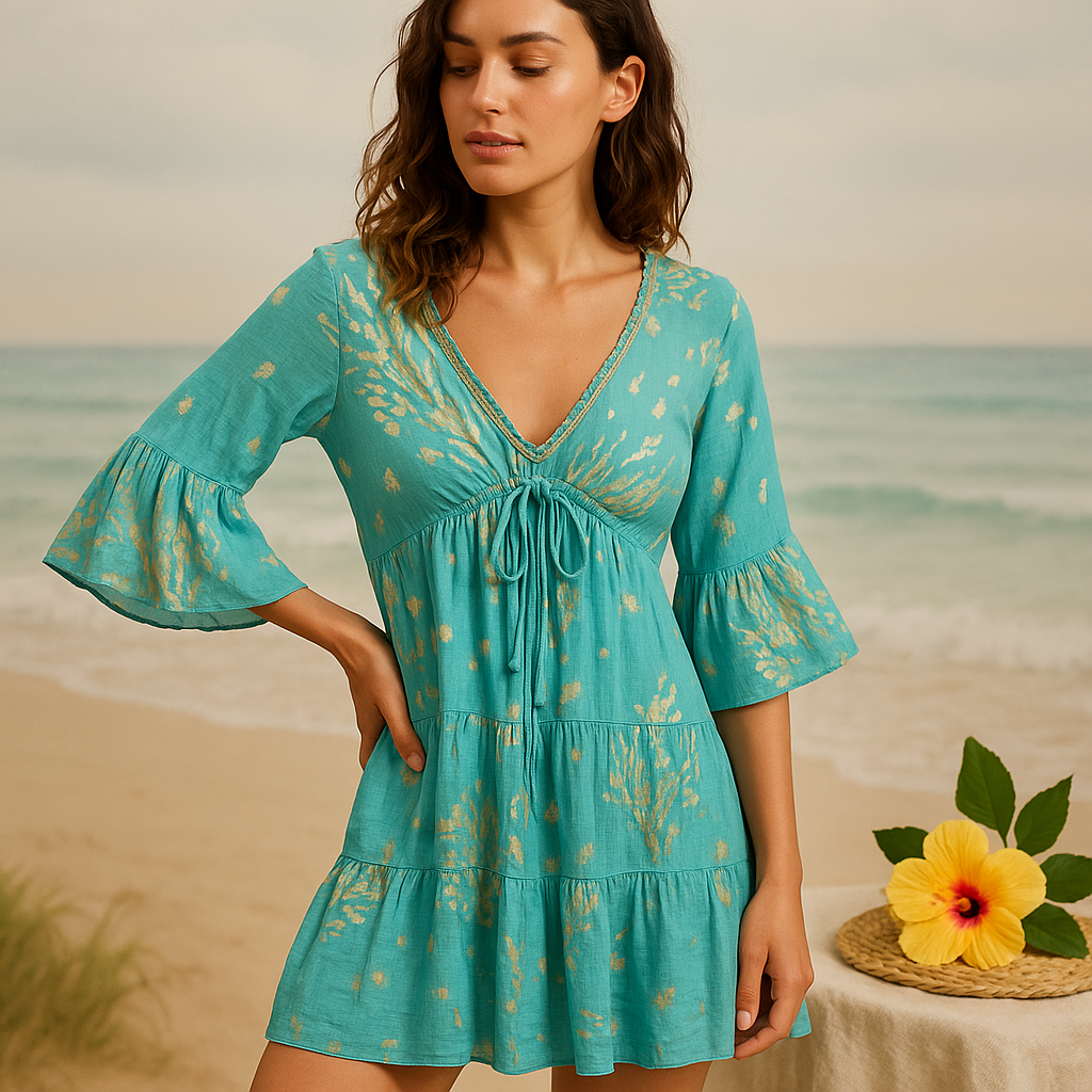 Vestido de playa, sari nómada turquesa, dorado y coral