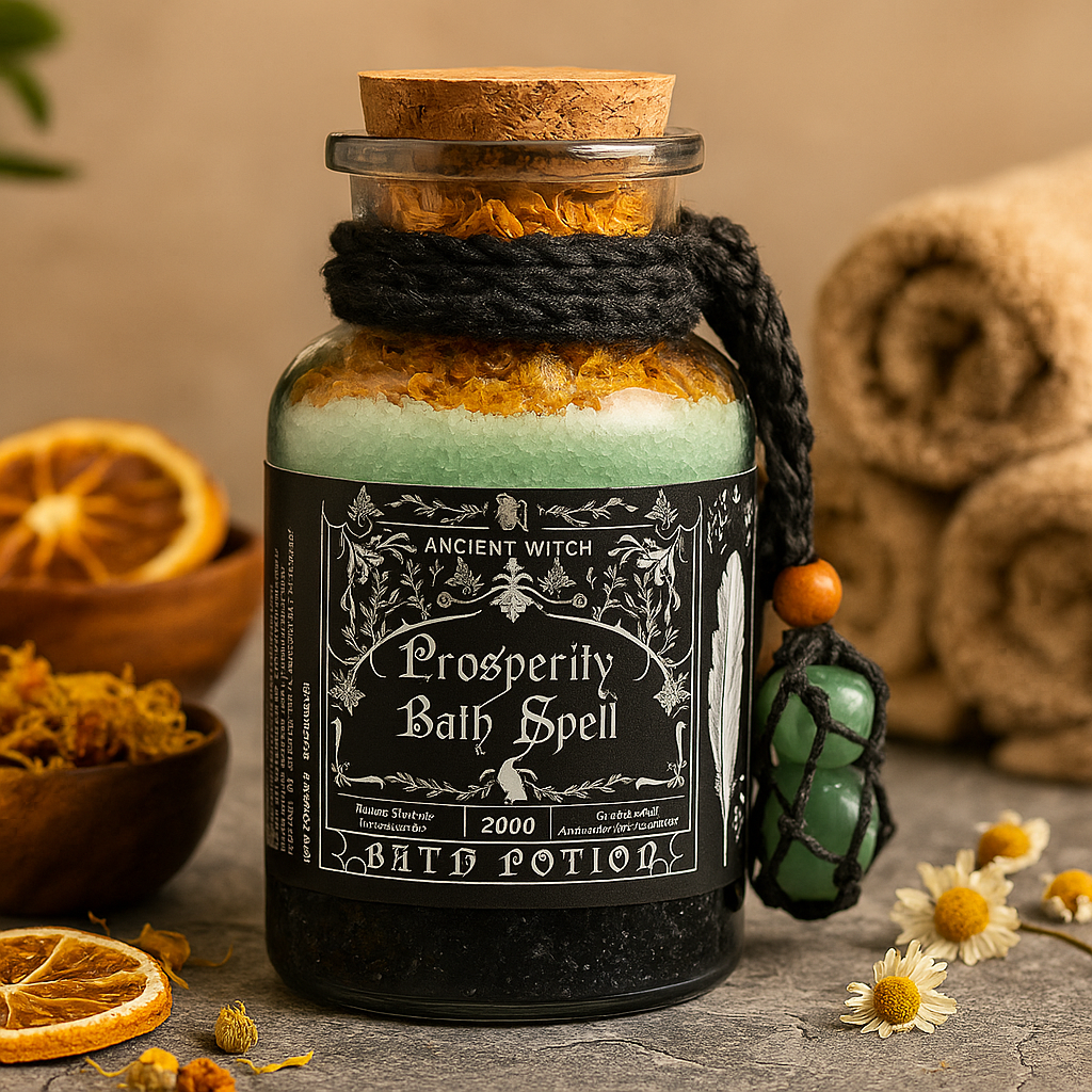 Ancient Witch Bath Spell Potion & Aventurine Crystal Amulet – Prosperity