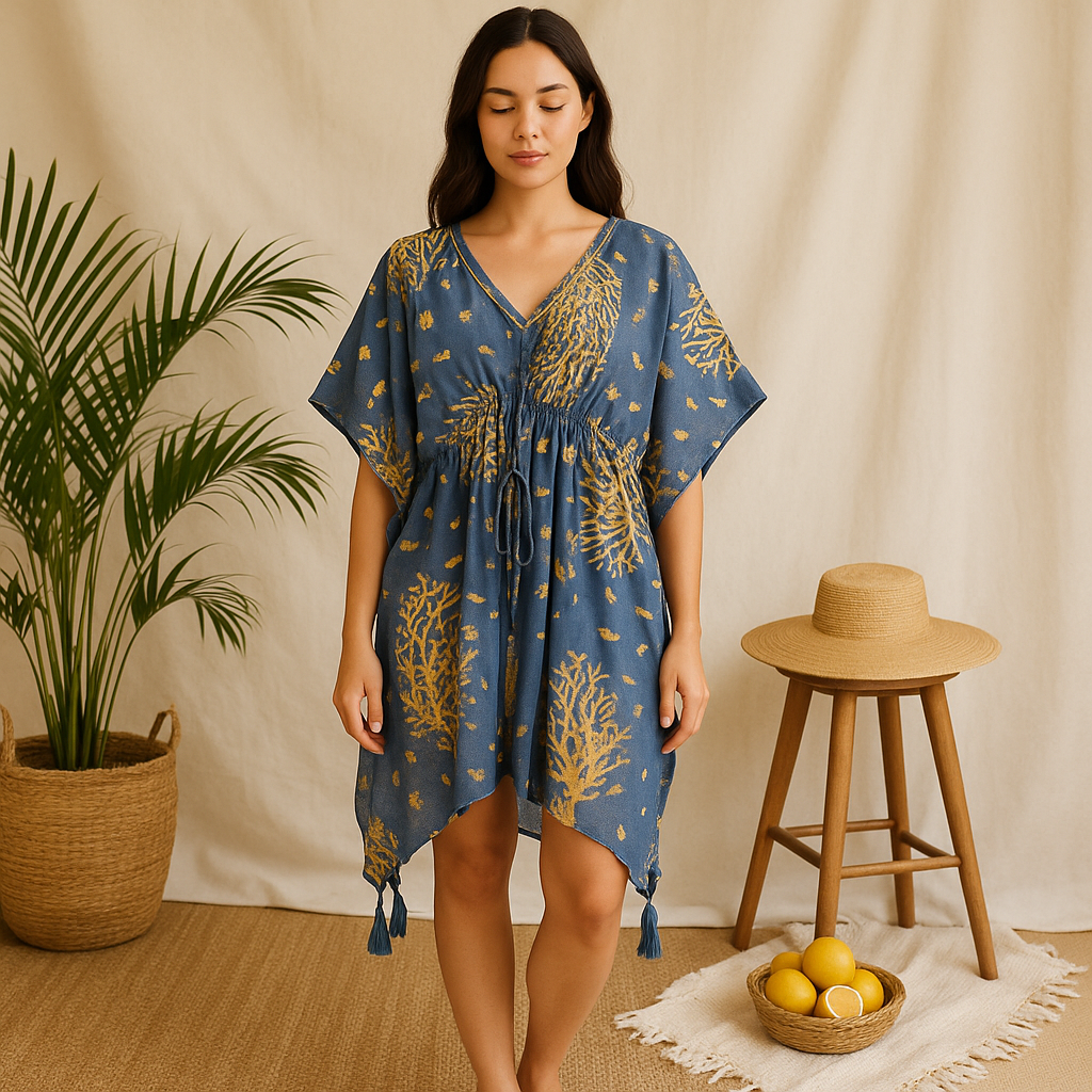 Kaftan Blue Gold Coral Recycled Sari One Size