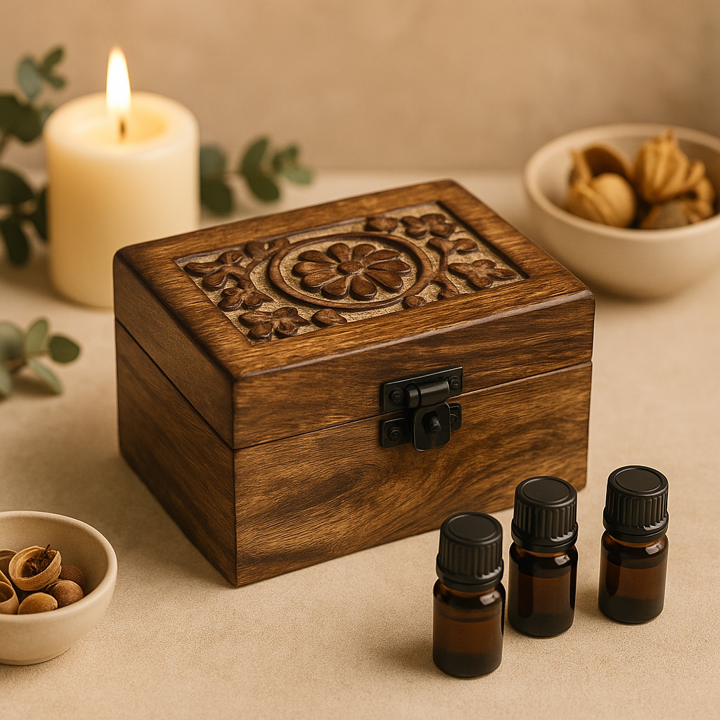 Essential Oil Storage Box Floral Carved 6 Bottles
