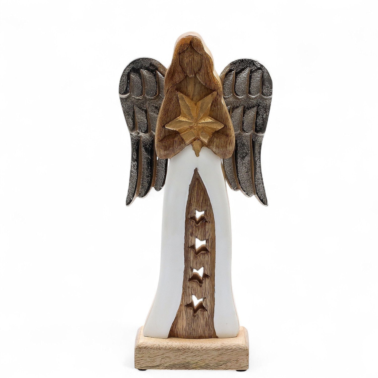 30cm Mango Wood Angel Figurine with Metal Wings - SHAMTAM.COM