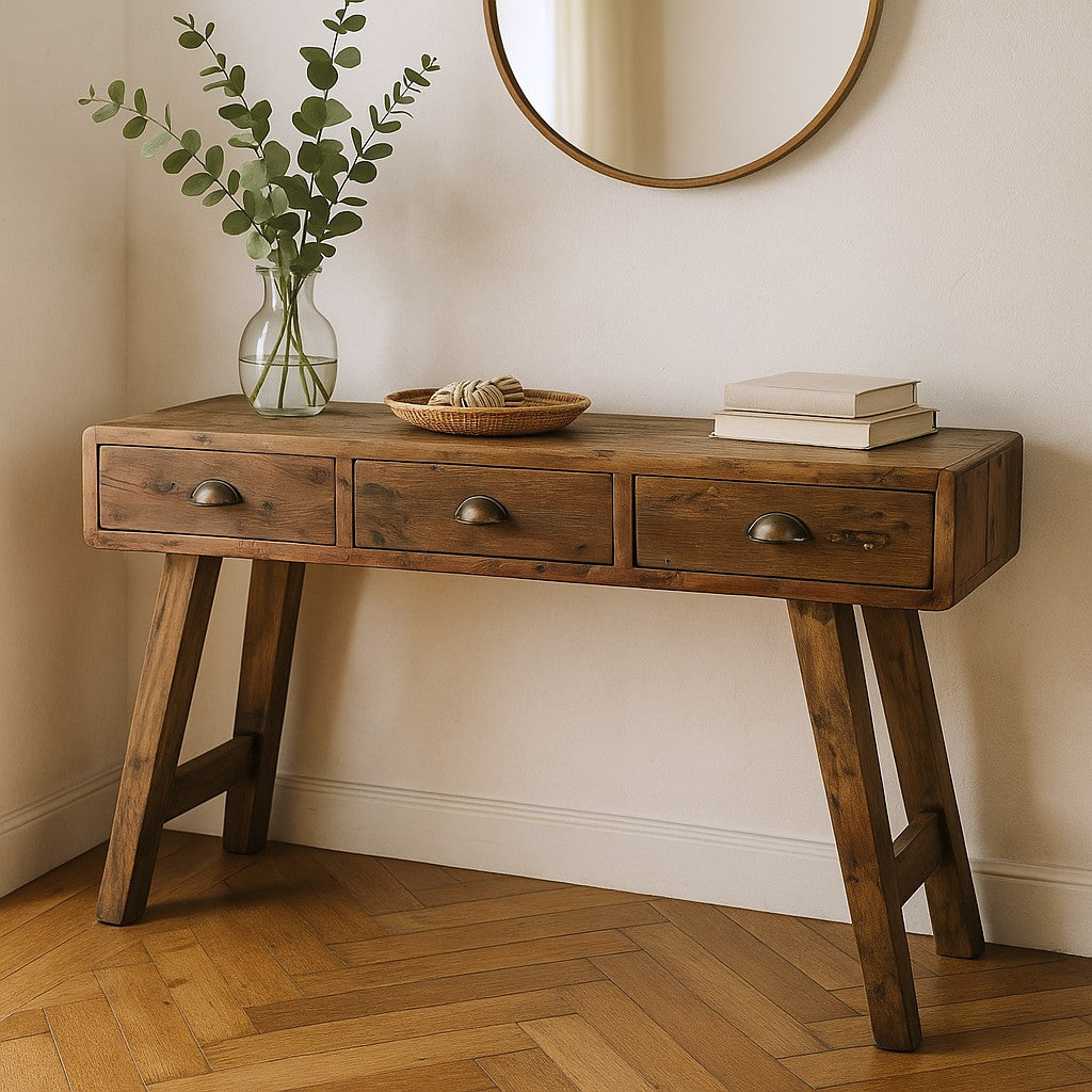 Consolă din lemn de tec recuperat cu 3 sertare