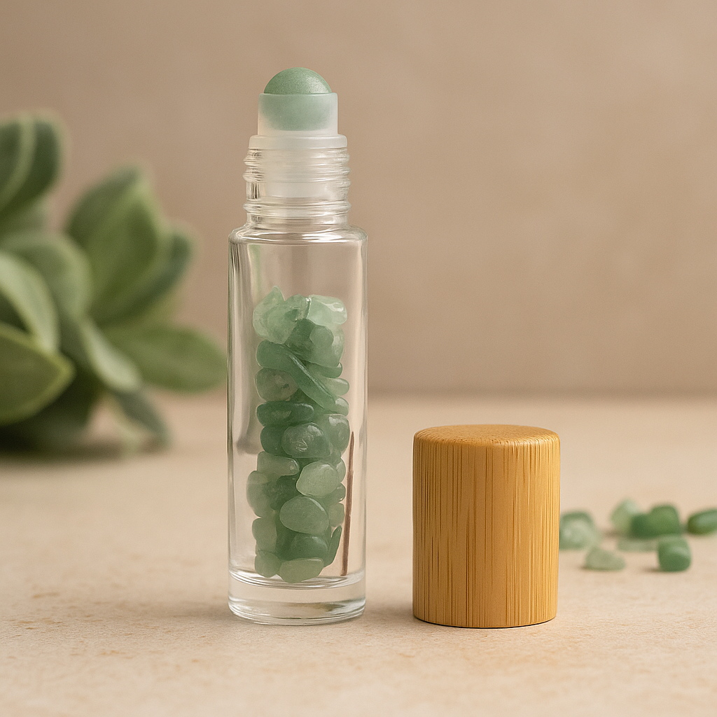 Lahvička s esenciálním olejem s kuličkovým aplikátorem z avanturínu