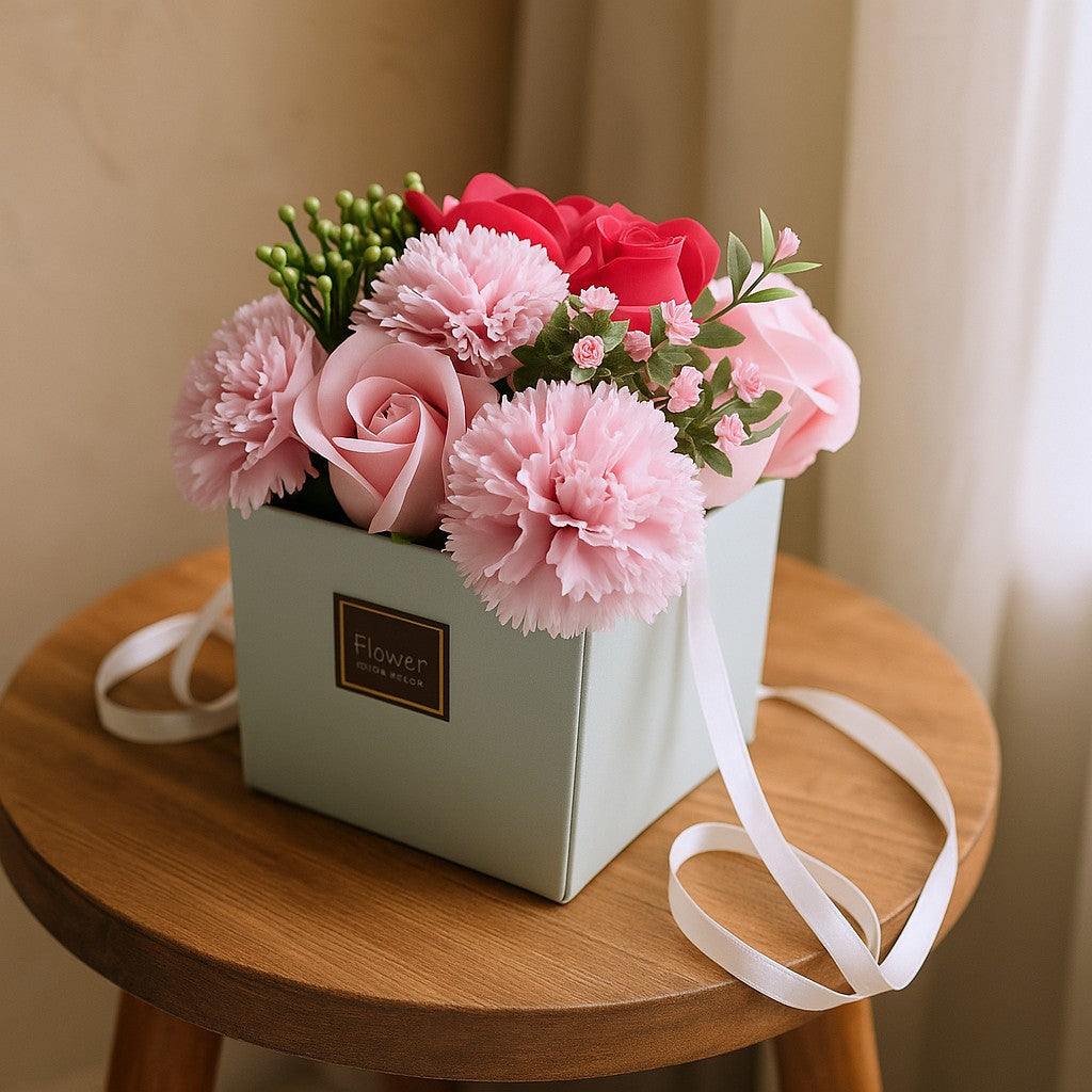 Kytice mýdlových květin, růžová růže a karafiát