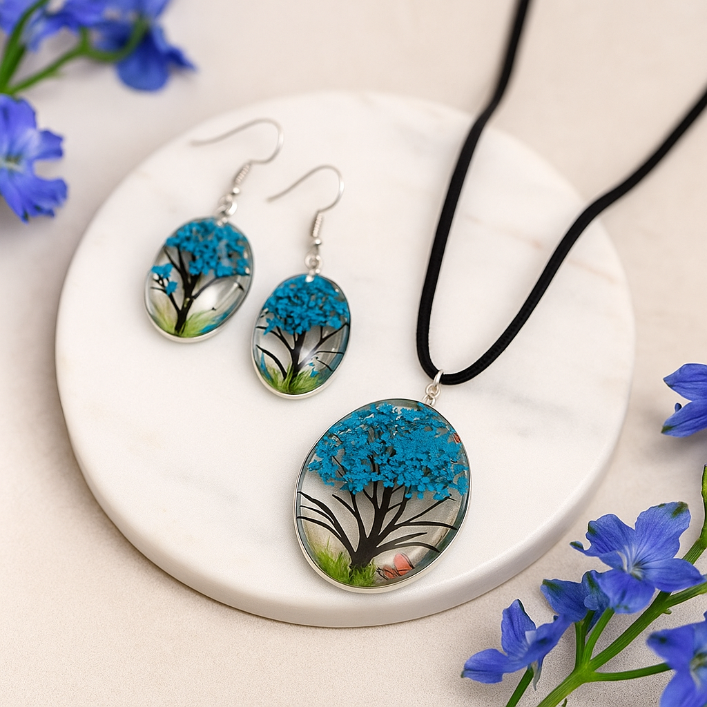 Schmuck aus gepressten Blumen - Lebensbaum-Set - Teal