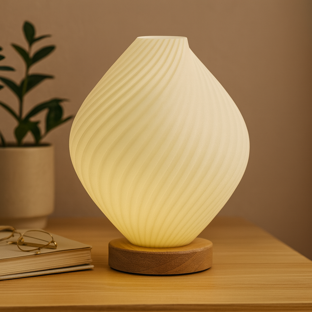 USB Dimmable Spiral Bedside Lamp with Wood Base