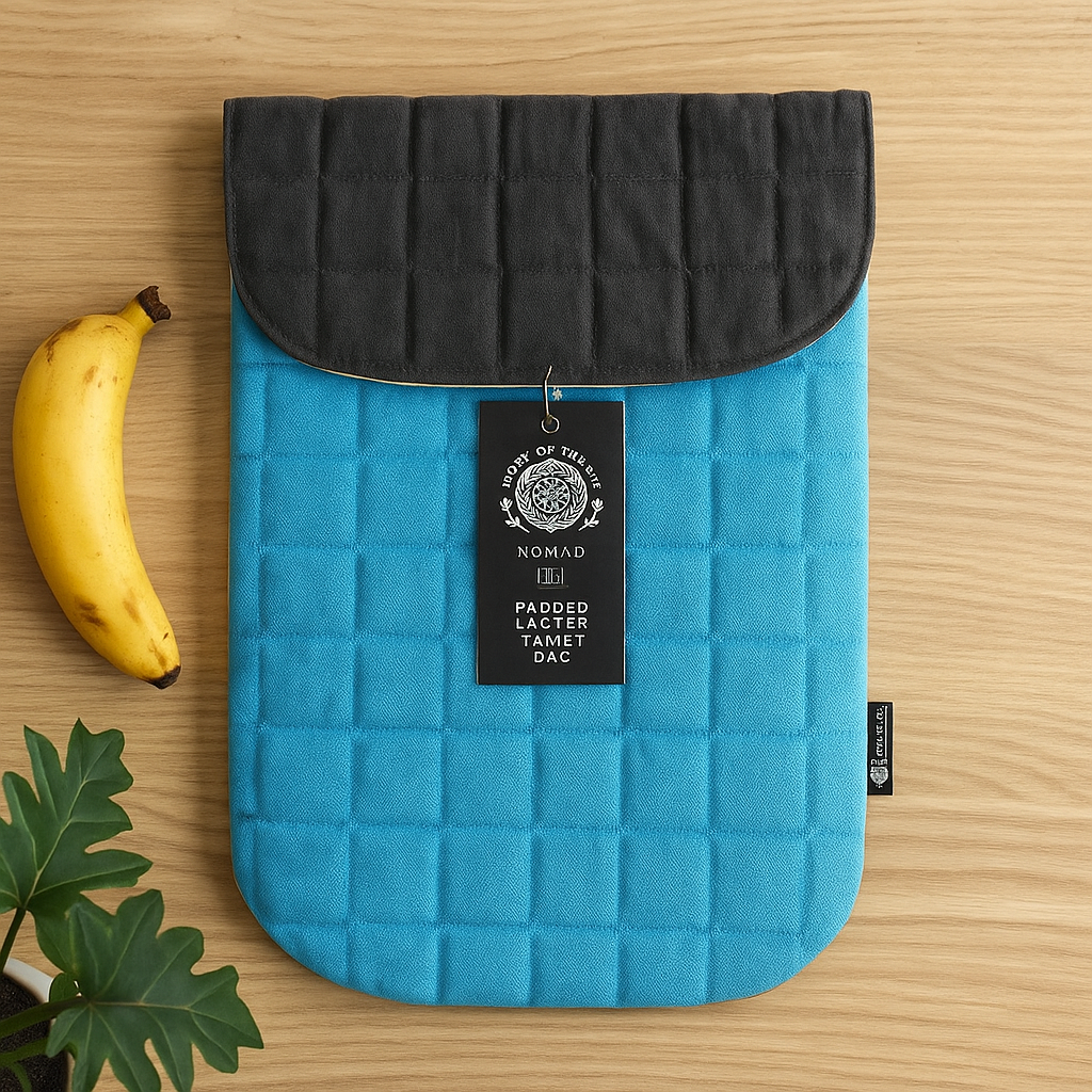 Turquoise Quilted Laptop Sleeve, Stonewashed Cotton, Magnetic Closure