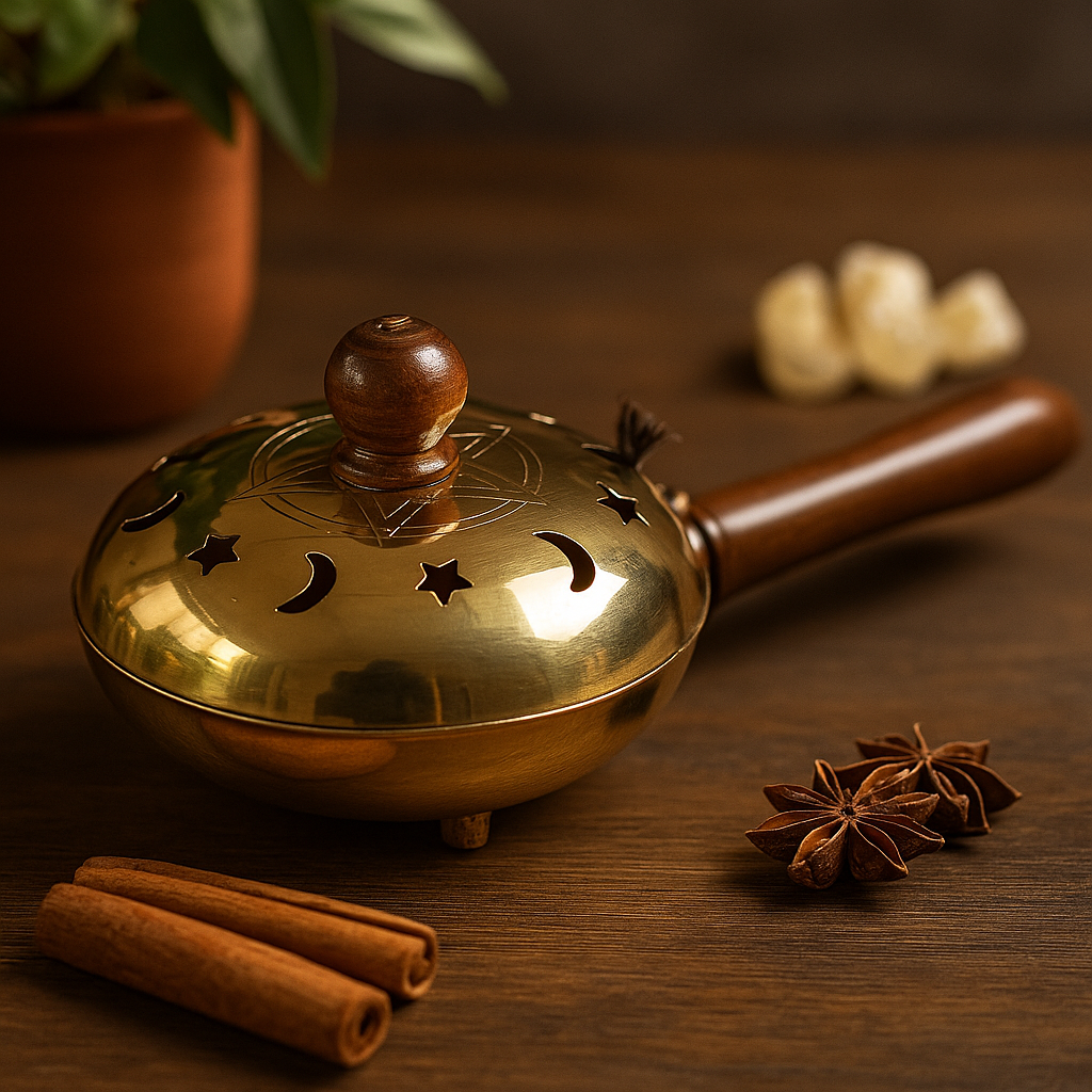 Brass Pentagram Incense Burner With Wood Handle