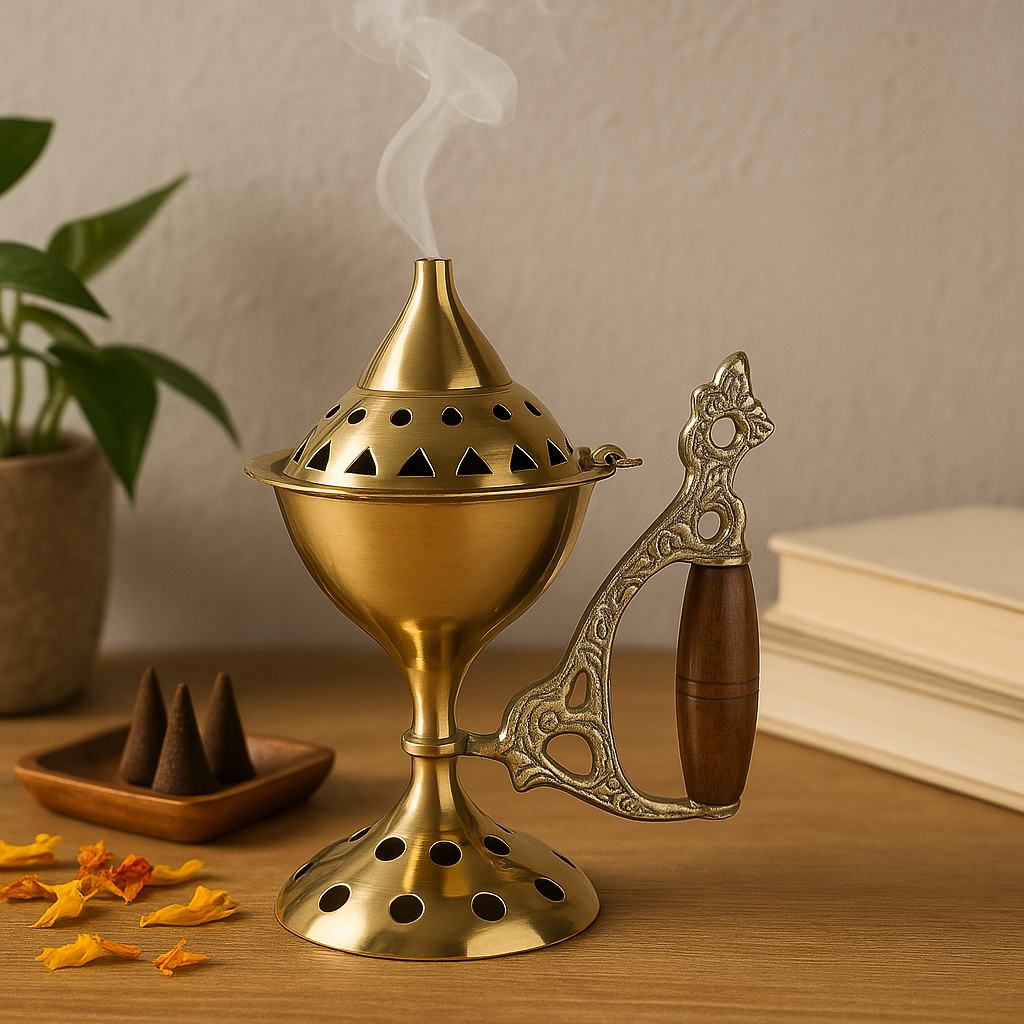 Nagy méretű füstölőtartó rézből, fa fogantyúval, kúpos formájú