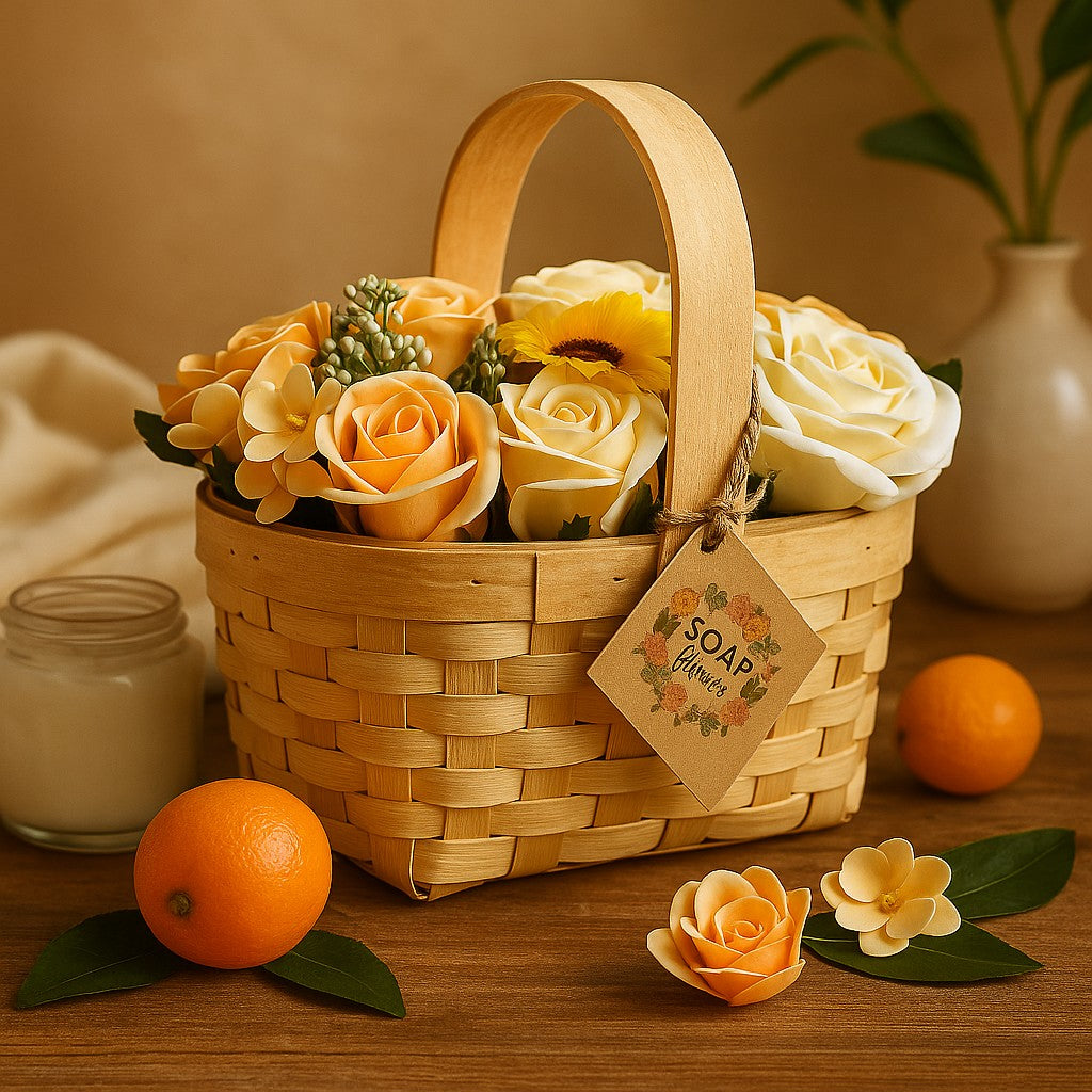 Basket of soap flowers with a tag, surrounded by oranges and a candle on a wooden surface.