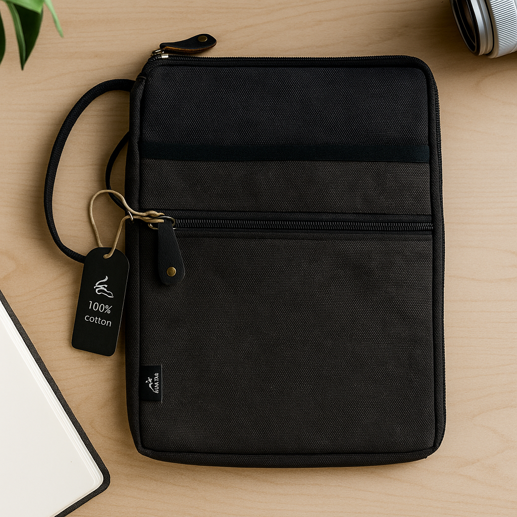 Anthrazitfarbene Stonewash-Laptop-Reisetasche mit Schnellzugriffsdesign und zusätzlicher Seitentasche – schlanker, tragbarer Organizer aus 100 % Baumwolle