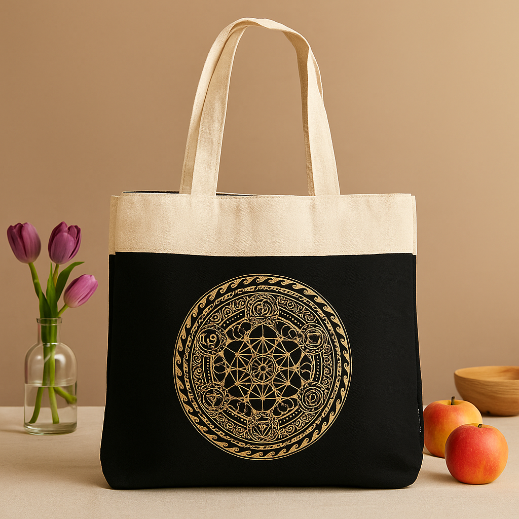 Oversized Chocolate Stonewash Canvas Tote Bag, Gold Mandala