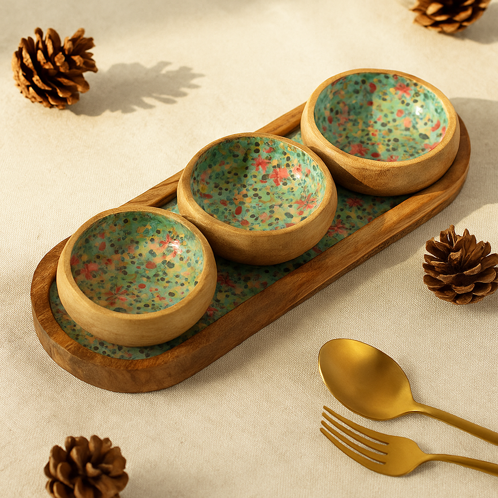 Serving Tray With 3 Ceramic Bowls, Mango Wood