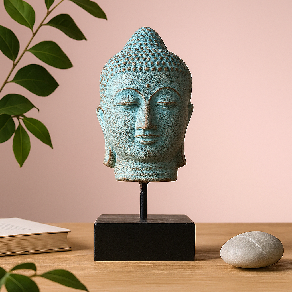 Buddha-hode statue på stativ grønn kobber