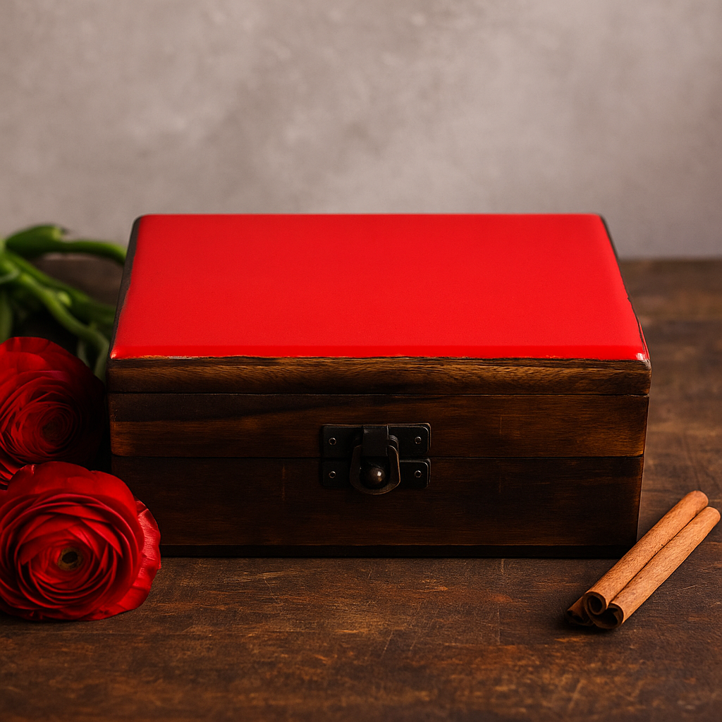 Caja de almacenamiento de madera de mango de cerámica esmaltada roja 15x10x6cm