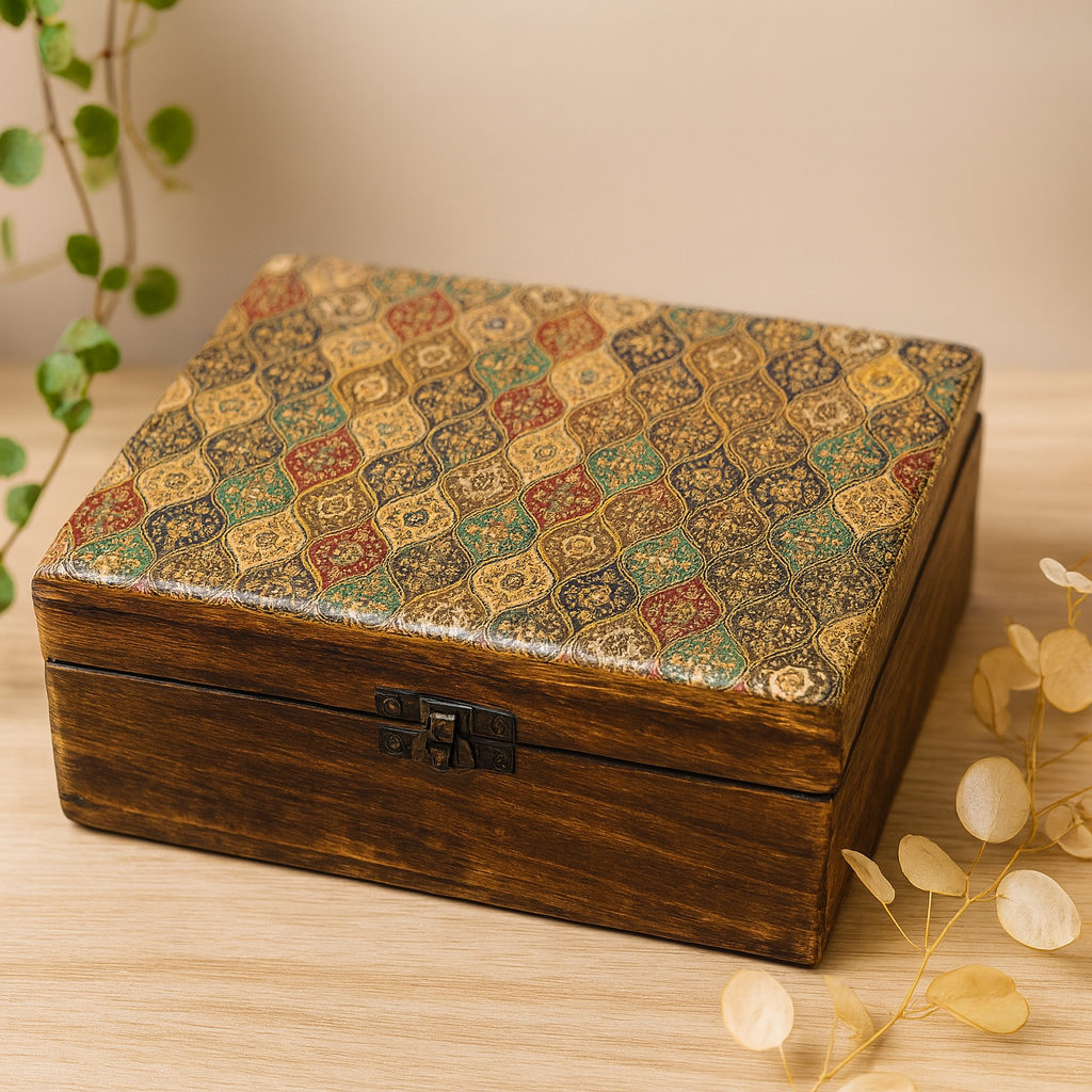 Seramik Sırlı Mango Ahşap Kutu 20x15x7.5cm Geleneksel Desen