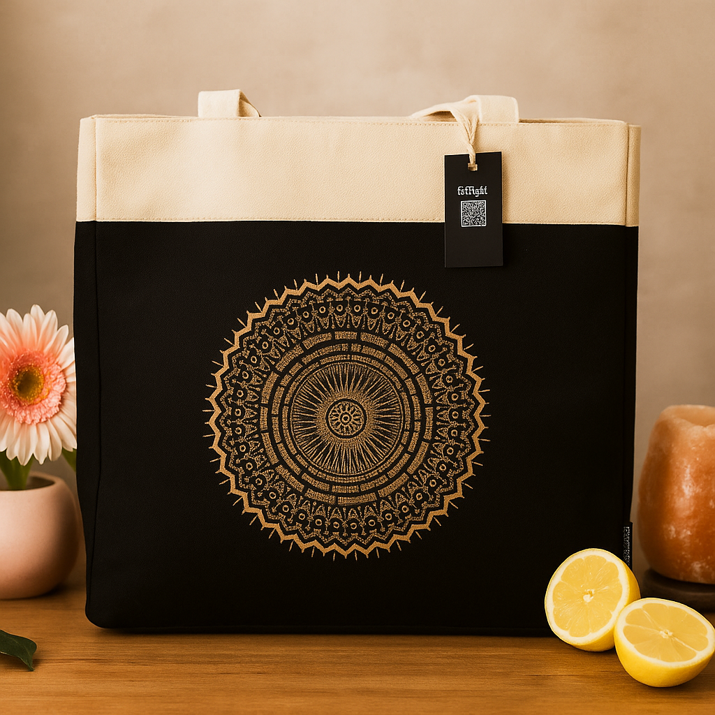 Oversized 14oz Stonewashed Cotton Tote Bag – Gold Mandala