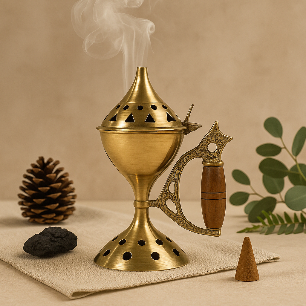 Brass Incense Burner with Wooden Handle