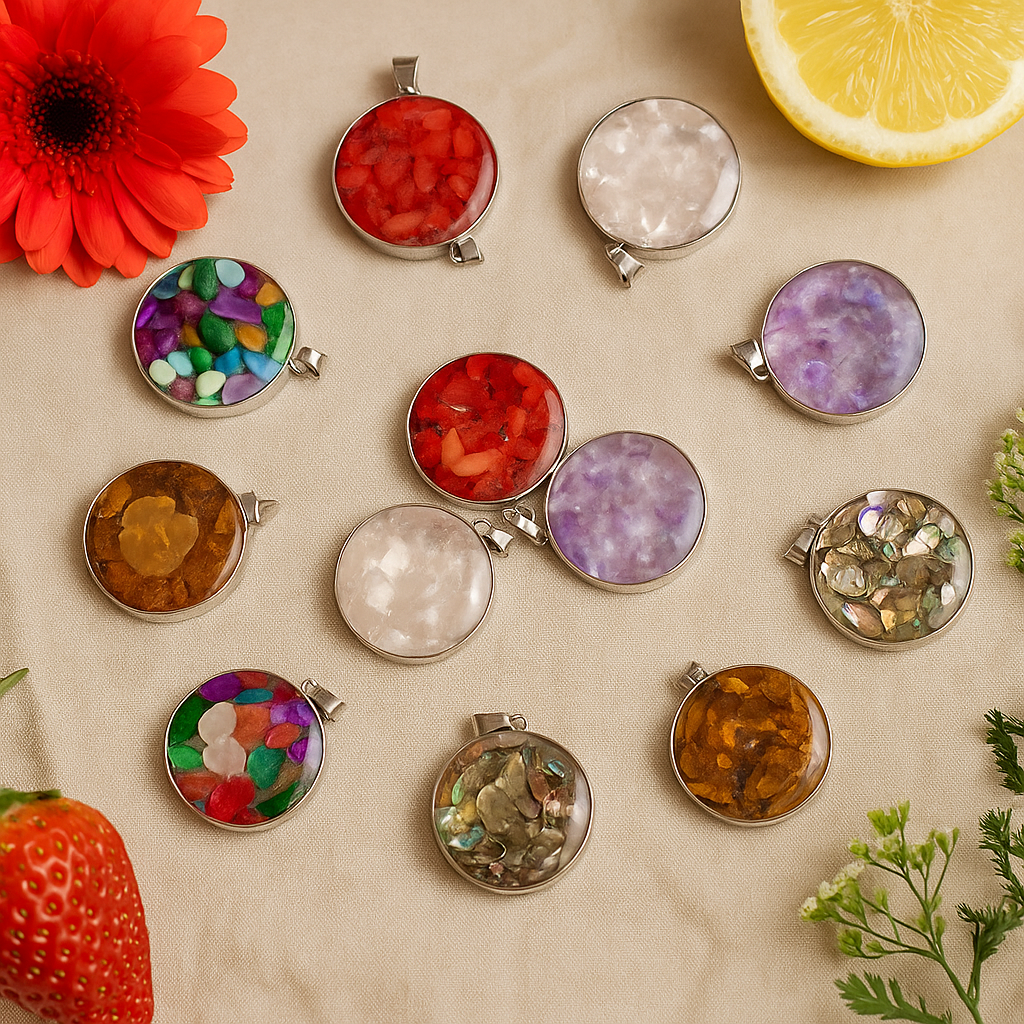 Oceľové okrúhle prívesky rôzne drahokamové úlomky mušle 12-dielna sada