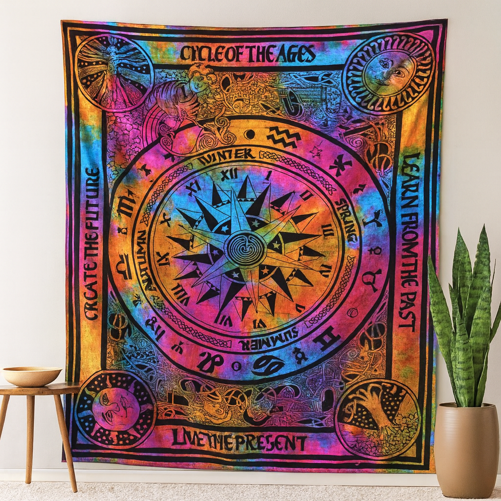 Διπλό βαμβακερό κάλυμμα κρεβατιού, κρεμαστό τοίχου, Κύκλος των Εποχών