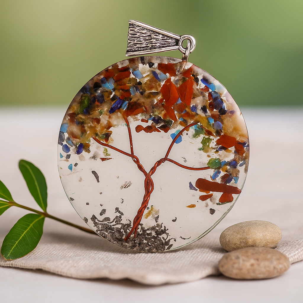 Colgante de orgonita redondo con árbol de amatista