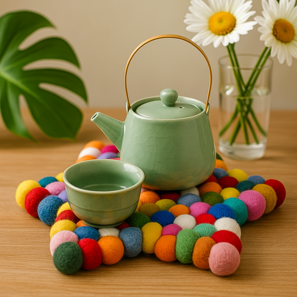 Suport pentru vase din bile de fetru în formă de stea, multicolor