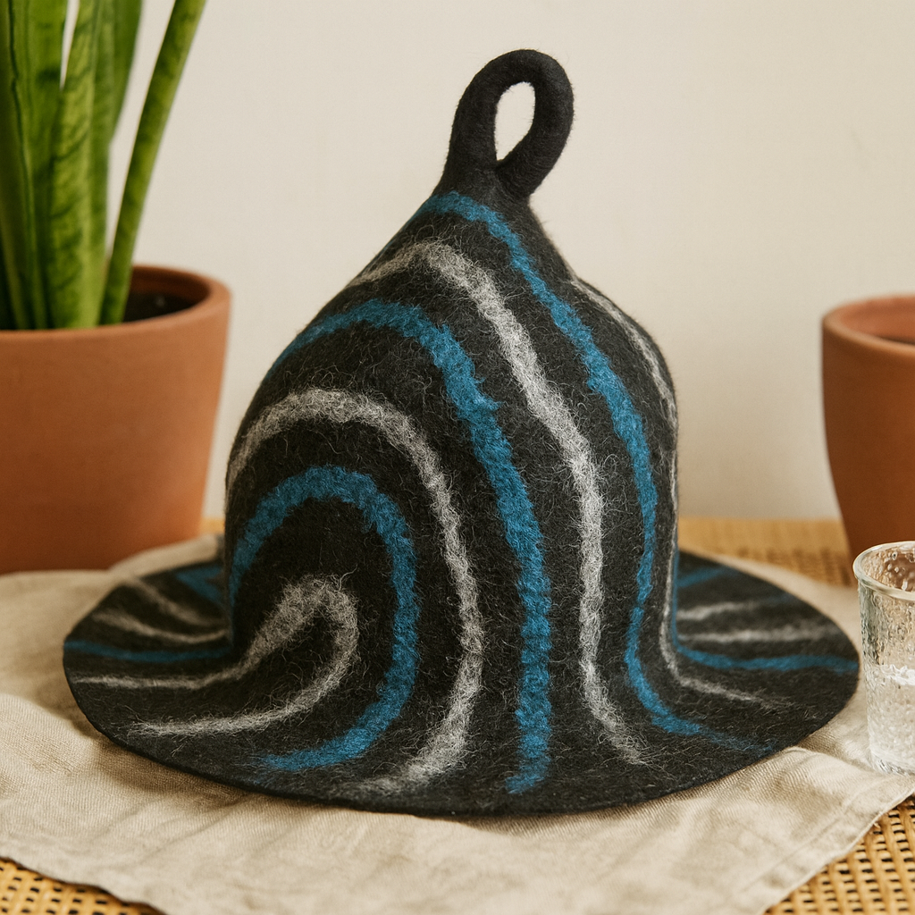 Gorro de sauna de fieltro de lana con vetas negras y azules