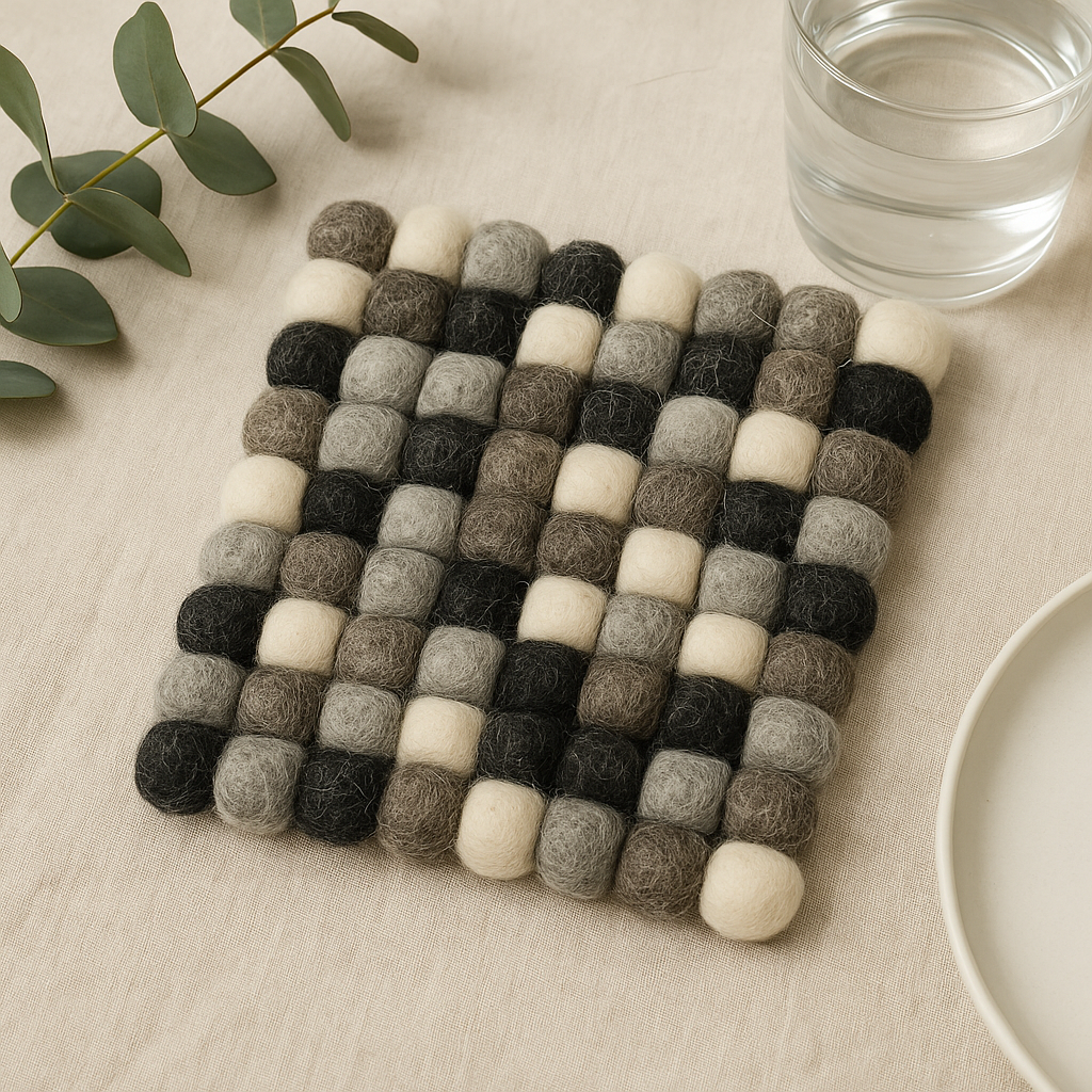 Felt Ball Square Coasters Grey Set of 4