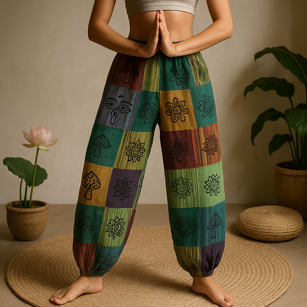 Nohavice s potlačou húb zelené L/XL