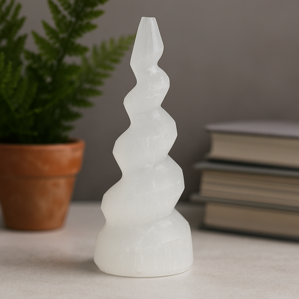 Spiralförmiger Turm aus Selenit-Einhornhorn - 10 cm