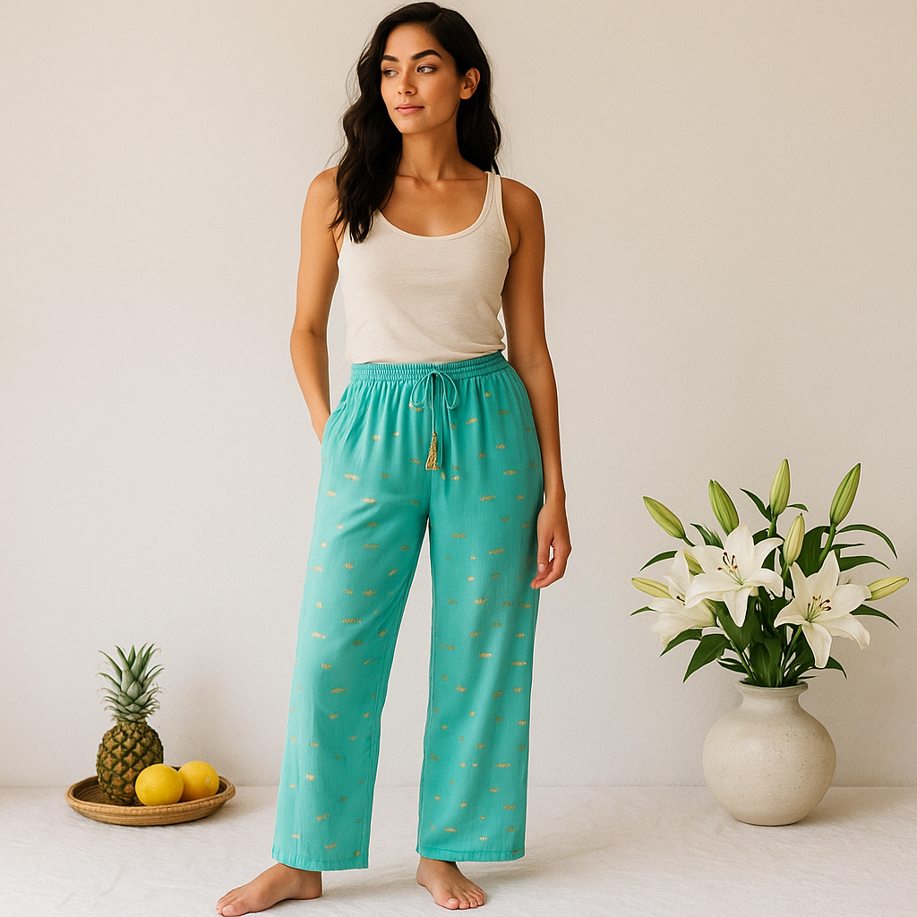 (ML) Nomad Sari On the Med Collection – Loungehose – Türkis- und Goldfisch-Design