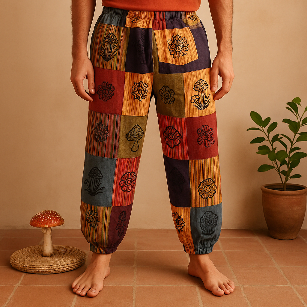 Hubové nohavice, bloková potlač oranžová L/XL