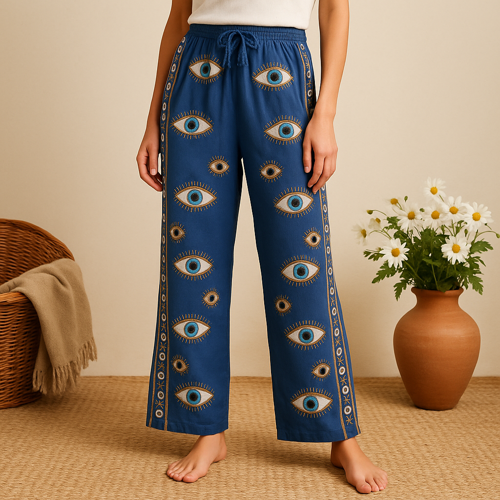 (LXL) Nomad Sari On the Med Collection – Lounge-Hose – Handbemaltes Design mit bösem Blick in sattem Blau und Gold
