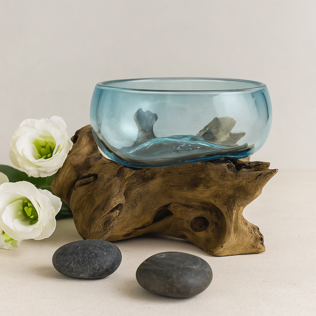 Sulatettu lasikulho puulla mini sininen