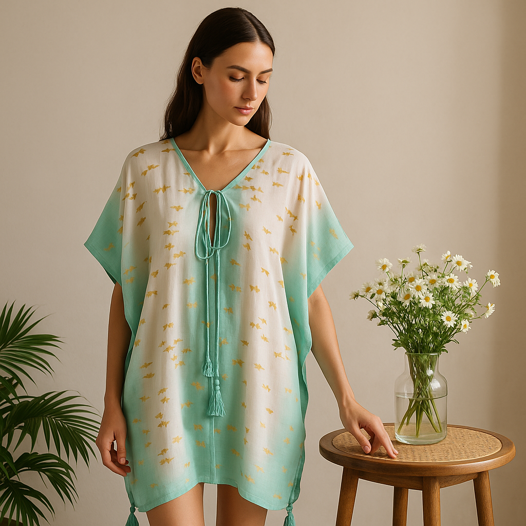 Nomad Sari On the Med Collection – Kaftan – Weiß & Türkis & Goldfisch-Design