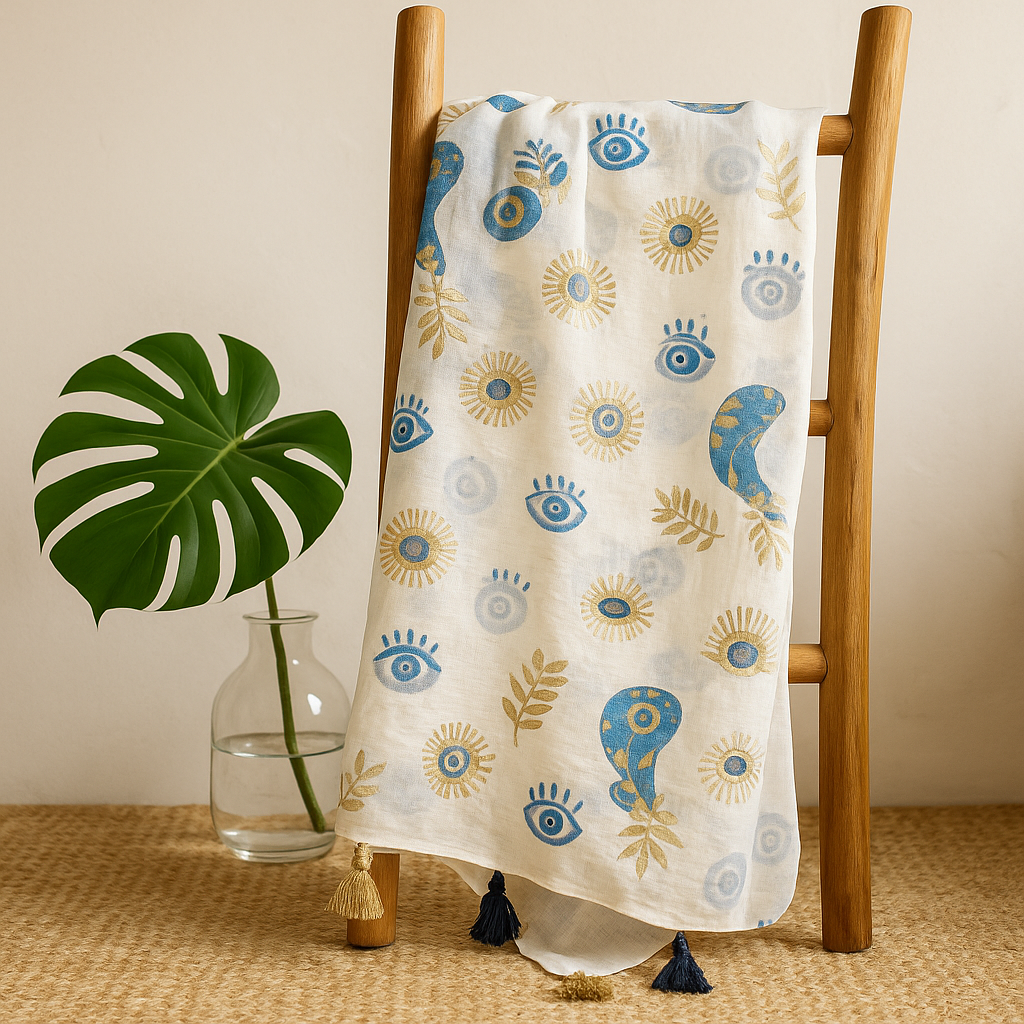 Nomad Sari On the Med Collection – Pareo – Weißes, blaues und goldenes Design mit bösem Blick