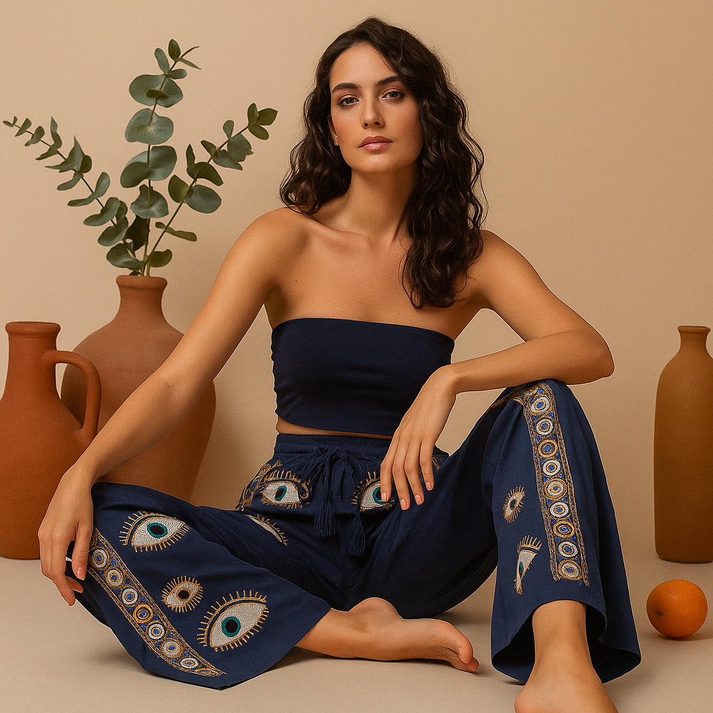 (ML) Nomad Sari On the Med Collection – Lounge-Hose – Handbemaltes Evil Eye-Design in sattem Blau und Gold